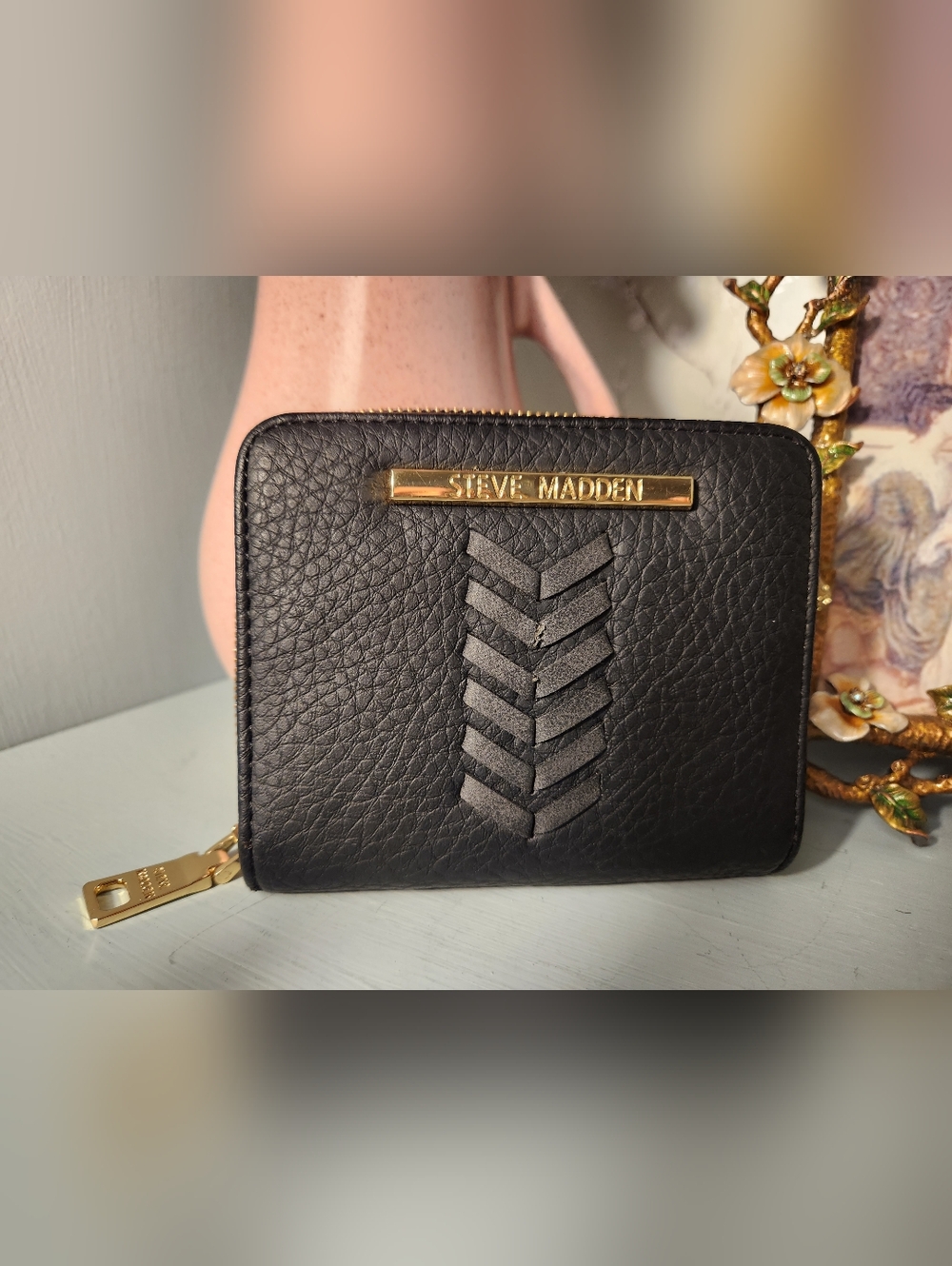 Steve Madden Black Chevron Vegan Leather French Zip Wallet Gold Bifold